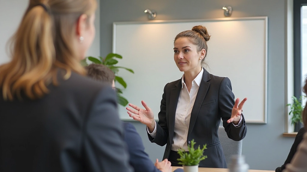 Professionele vrouw die vol vertrouwen een presentatie geeft in een moderne vergaderruimte
