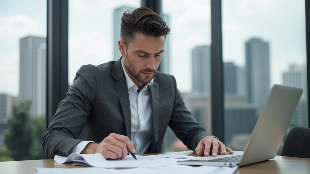 Gefocuste zakenman die zakelijke metriek en strategiedocumenten bekijkt in modern kantoor