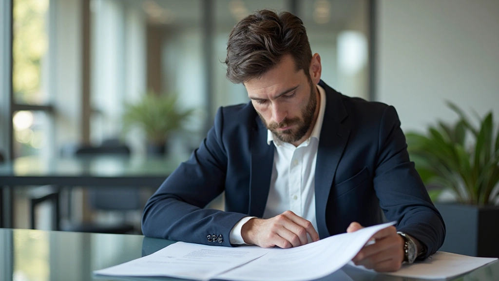 Focused businessman reviewing business metrics and strategy documents in modern office