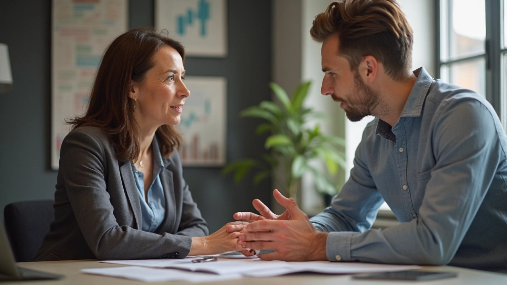 Professional mentor guiding colleague with positive feedback in supportive office environment