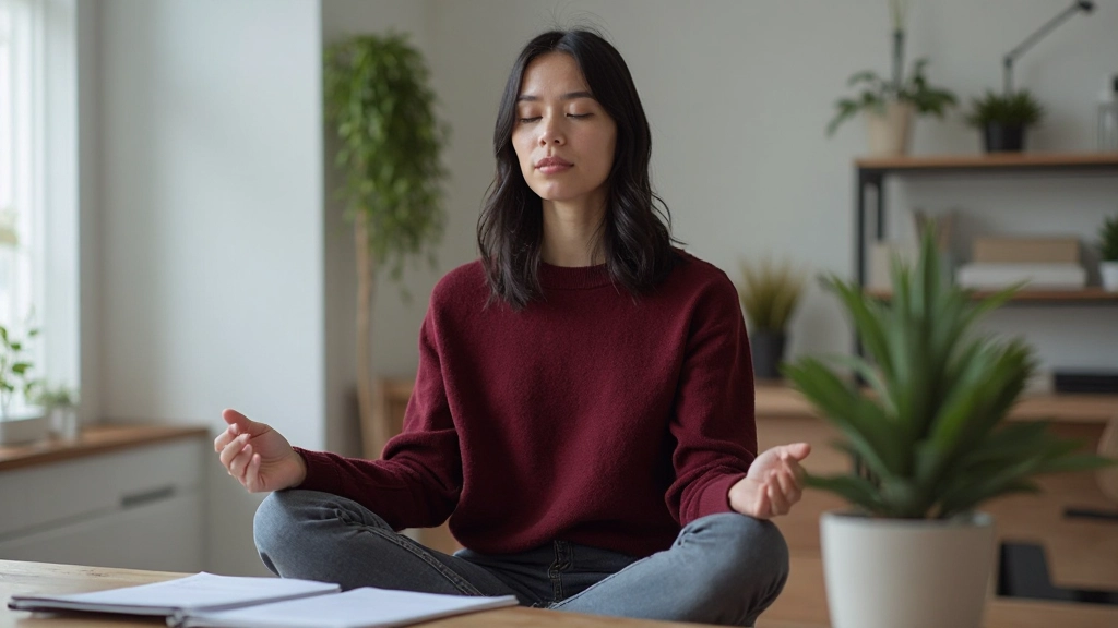 Jonge professionele vrouw die mediteert tijdens mindfulness pauze op kantoor