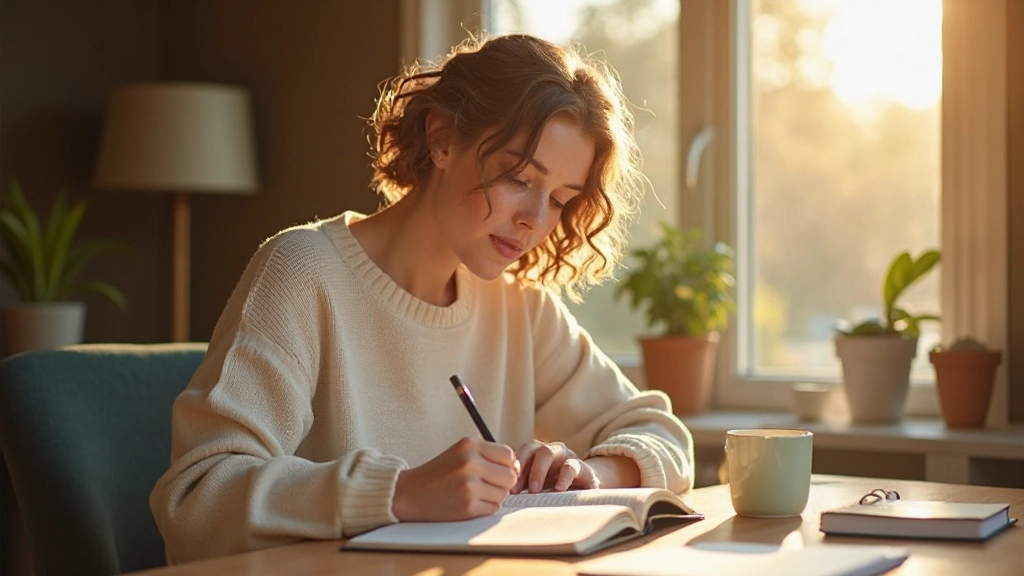 Professionele vrouw die doelen opschrijft in notitieboek met ochtendzonlicht