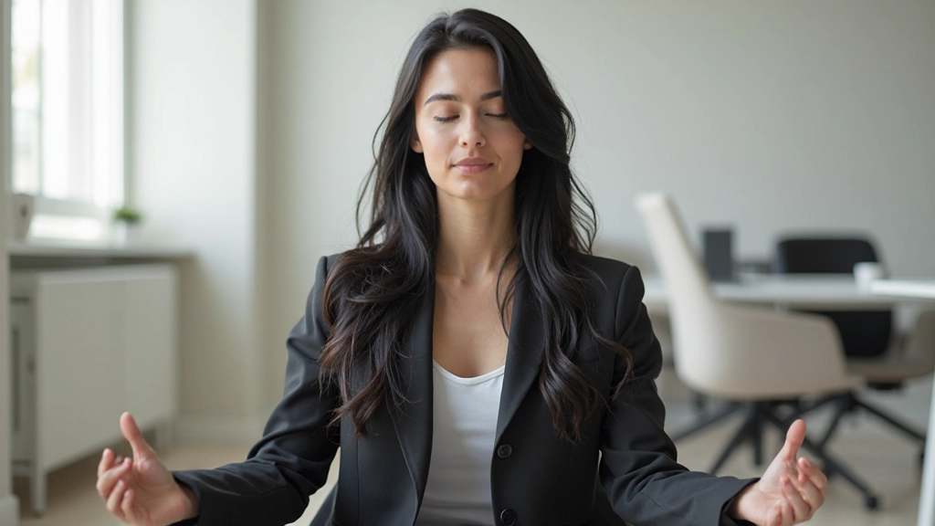 Young professional woman meditating during mindfulness break in office setting